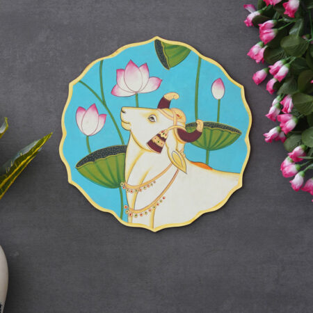 Pichwai, hand-painted - Graceful Cow with Lotus – A Symbol of Serenity and Divinity spiritual decor, traditional wall art, divine symbolism, cultural heritage