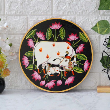 Handpainted Beautiful Kamdhenu Cow with Calf – Sacred Lotus Design|Home Décor Gift Items | The Divine Mother Cow | A celestial gift, blessing homes with peace and harmony| Gift Item |Office Room Décor | Home Décor And Temple Decor