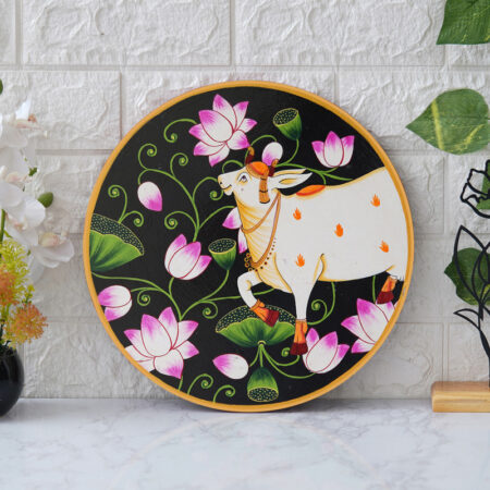 Pichwai Painting A white cow standing amidst a circle of vibrant lotus flowers. The Black background | for Your Hall and Living Room | Wall Hanging Decorative Items | Home Décor Gift Items