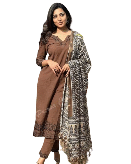 Elegant Brown Cotton Kurta Set with Printed Dupatta – Classic Ethnic Wear for Everyday & Festive Looks Size - XL