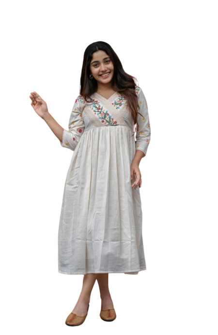 Women's Off White Embroidered Cotton Anarkali Gown Size-L