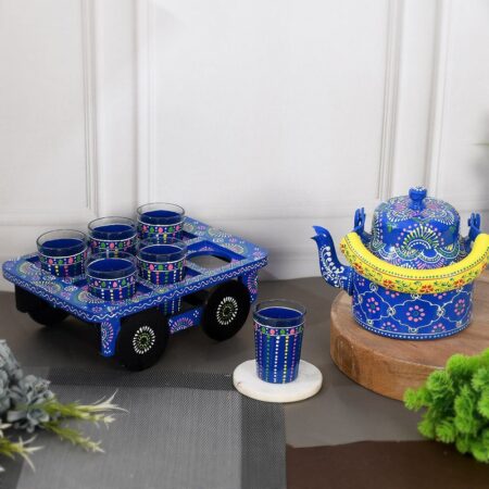 HandPainted Alluminium  Tea Kettle with 6 Glasses and Wooden Tray For Home Décor , Tea Party , Serving