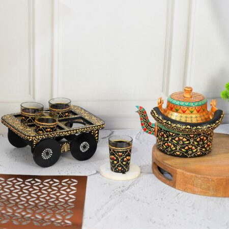 HandPainted Alluminium  Tea Kettle with Four Glasses and Wooden Tray For Home Décor , Tea Party , Serving