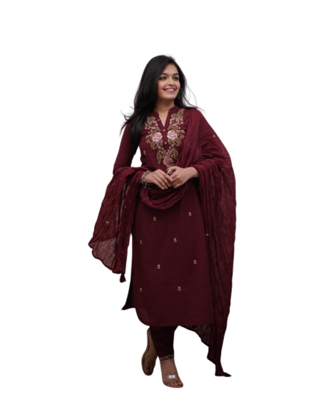 Women's Cotton embroidery work kurta pant with mulmul dupatta set Size -L