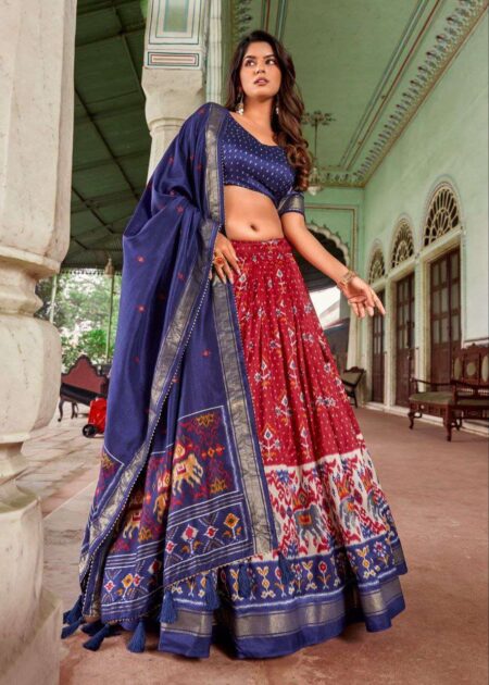 Elegant Tussar Silk Lehenga Set featuring vibrant Patola print with foil work Traditional Ethnic Wear for Weddings & Festive Occasions"