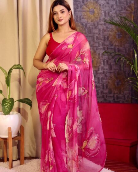 Women's Vibrant Rani Pink Floral Japanese Chiffon Saree with Hand-Painted/Printed Motifs – Perfect for Summer & Casual Festive Wear