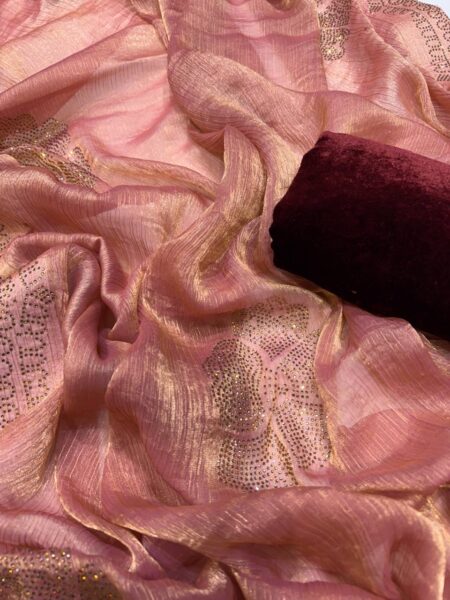 Women's Glamorous Rose Gold Shimmer Saree with All-Over Diamond & Sequin Embellishments – Paired with Luxurious Maroon Velvet Blouse for Festive & Wedding Wear
