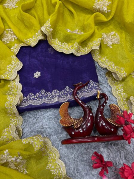 Women's Radiant Lime Yellow Organza Saree with Intricate Gold Zari Embroidery & Scalloped Border – Complete with Blouse Piece for Festive & Party Wear